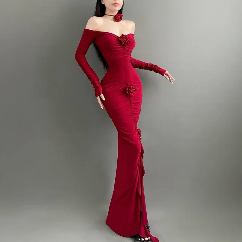 Sexy Dress Women y2k Solid Color Off Shoulder Long Sleeve Bodycon Dress with 3D Flower Evening Party Dresses
Sexy Dress Women y2k Solid Color Off Shoulder Long Sleeve Bodycon Dress with 3D Flower Evening Party Dresses