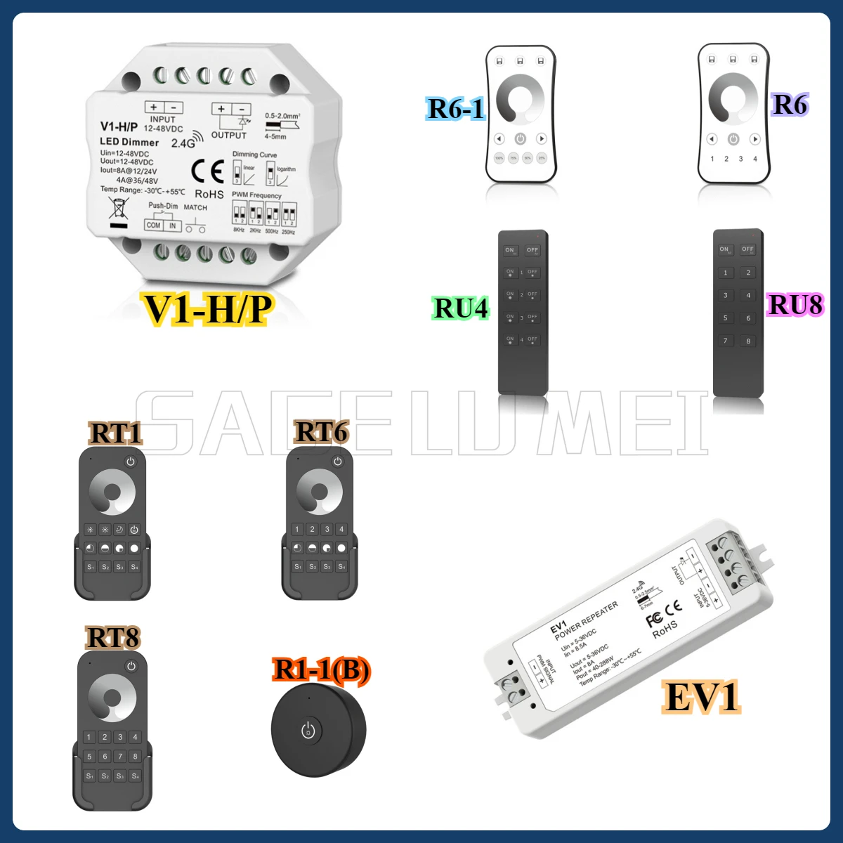 V1-H/P LED Dimmer Switch DC 12V 24V PWM 2.4G LED Touch RF Wireless Remote Smart Controller for Single Color LED Strip EV1 RU4/8
V1-H/P LED Dimmer Switch DC 12V 24V PWM 2.4G LED Touch RF Wireless Remote Smart Controller for Single Color LED Strip EV1 RU4/8