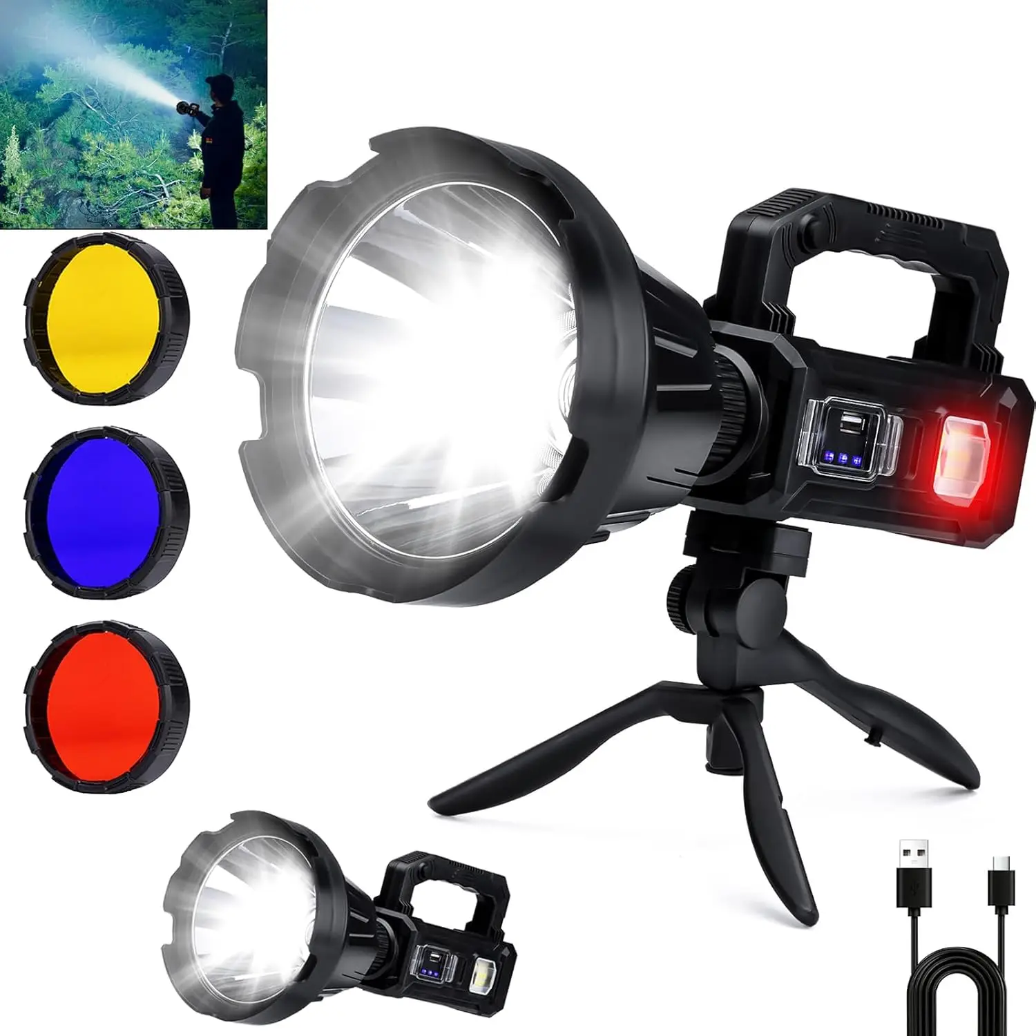 3000000L Solar Rechargeable Spotlight, 6 Modes LED Flashlight with Tripod & USB-C for Outdoor Fishing Camping
3000000L Solar Rechargeable Spotlight, 6 Modes LED Flashlight with Tripod & USB-C for Outdoor Fishing Camping
