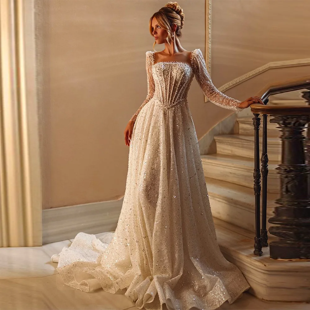 Elegant Square Collar Organza Wedding Dress Customized A-Line Long Sleeves Bridal Gowns Delicate Pearls Crystal Vestido De Novia
Elegant Square Collar Organza Wedding Dress Customized A-Line Long Sleeves Bridal Gowns Delicate Pearls Crystal Vestido De Novia