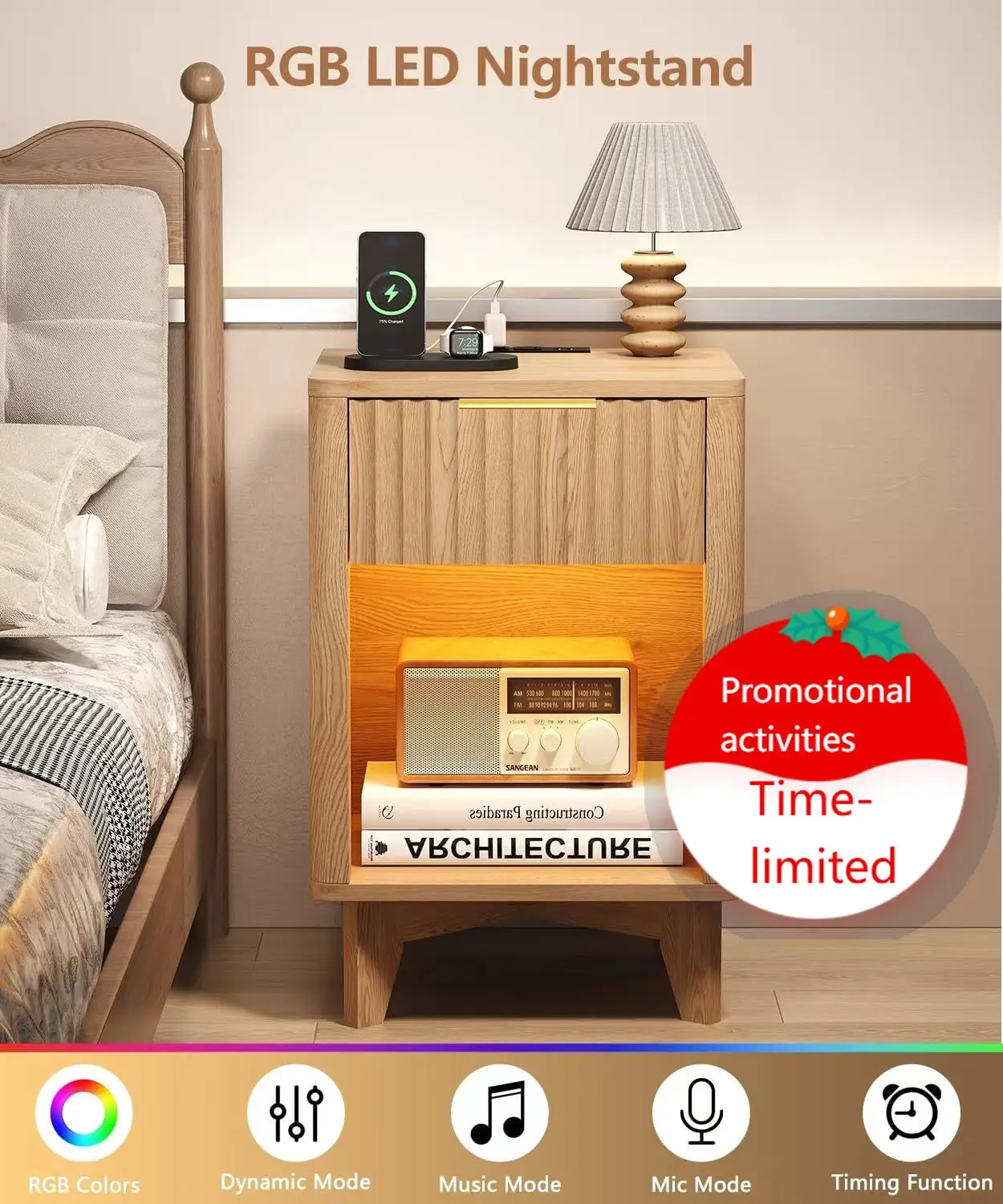 Fluted Nightstand Set of 2, Wooden Night Stand with Charging Station and LED Light, Modern Mid Century End Table with Drawer, Be
Fluted Nightstand Set of 2, Wooden Night Stand with Charging Station and LED Light, Modern Mid Century End Table with Drawer, Be