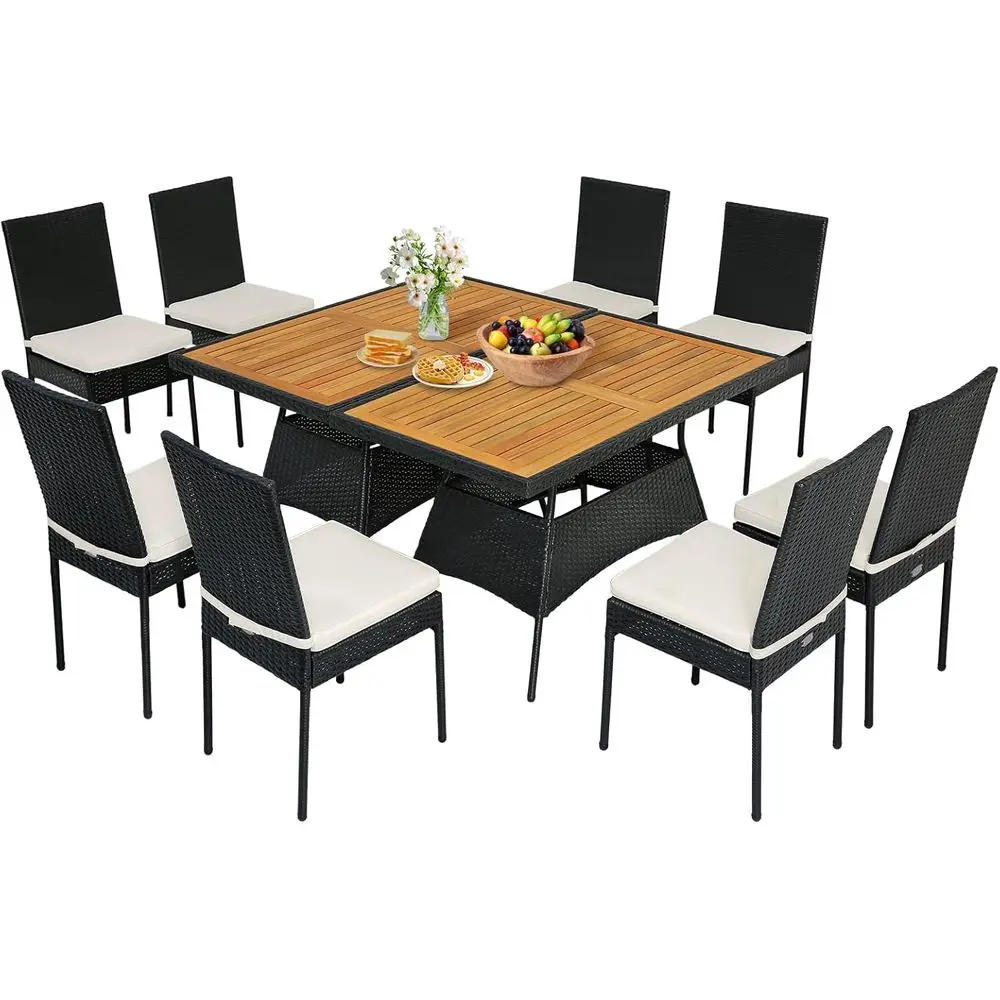 10-Piece Outdoor Wicker Dining Set with Cushioned Chairs and Acacia Wood Table for Patio, Garden, or Poolside
10-Piece Outdoor Wicker Dining Set with Cushioned Chairs and Acacia Wood Table for Patio, Garden, or Poolside