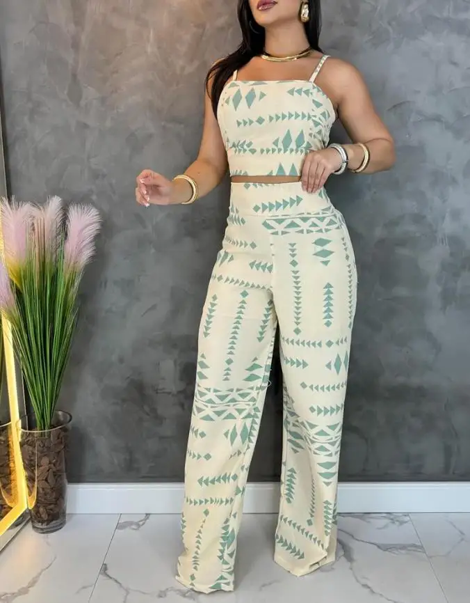 Women Sets 2 Pieces Outfit Summer New Geometric Print Spaghetti Strap Tied Detail Tank Top & Women's Casual Wide Leg Pants Set
Women Sets 2 Pieces Outfit Summer New Geometric Print Spaghetti Strap Tied Detail Tank Top & Women's Casual Wide Leg Pants Set