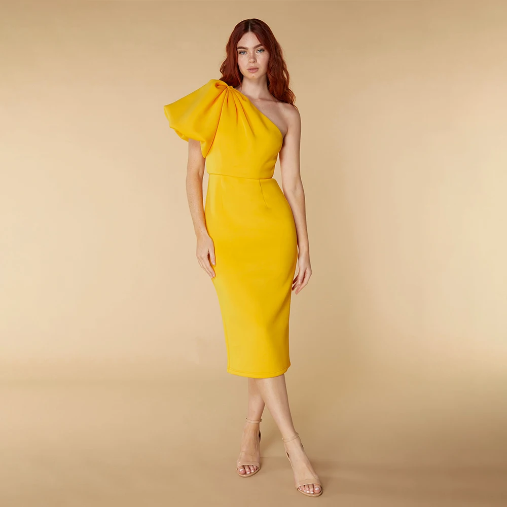 Column Cocktail Dresses for Women One Shoulder Puffy Sleeves Midi Cocktail Gown Tea Length Yellow Satin Formal Party Dress Short
Column Cocktail Dresses for Women One Shoulder Puffy Sleeves Midi Cocktail Gown Tea Length Yellow Satin Formal Party Dress Short