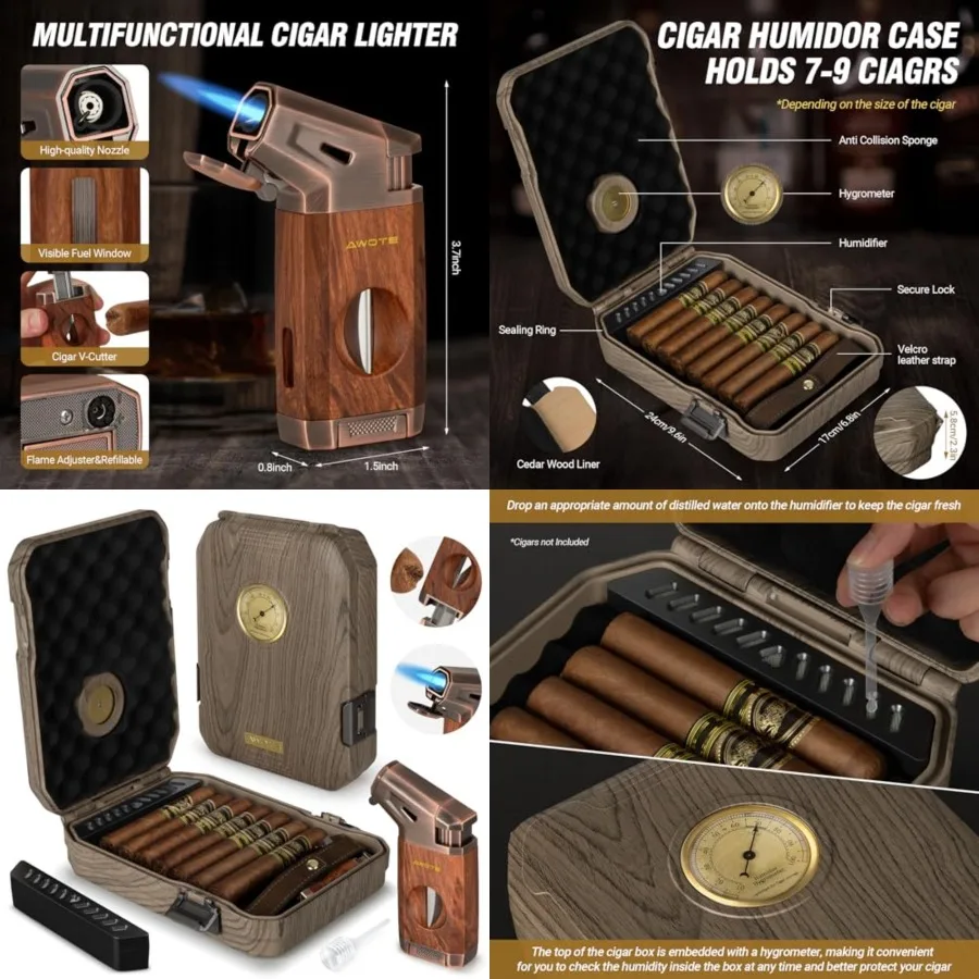 Travel Cigar Humidor Case - Cedar Lined, V Cut Cutter, Portable Humidor with Humidifier Hygrometer, Holds 7-9 Cigars, Includes
Travel Cigar Humidor Case - Cedar Lined, V Cut Cutter, Portable Humidor with Humidifier Hygrometer, Holds 7-9 Cigars, Includes
