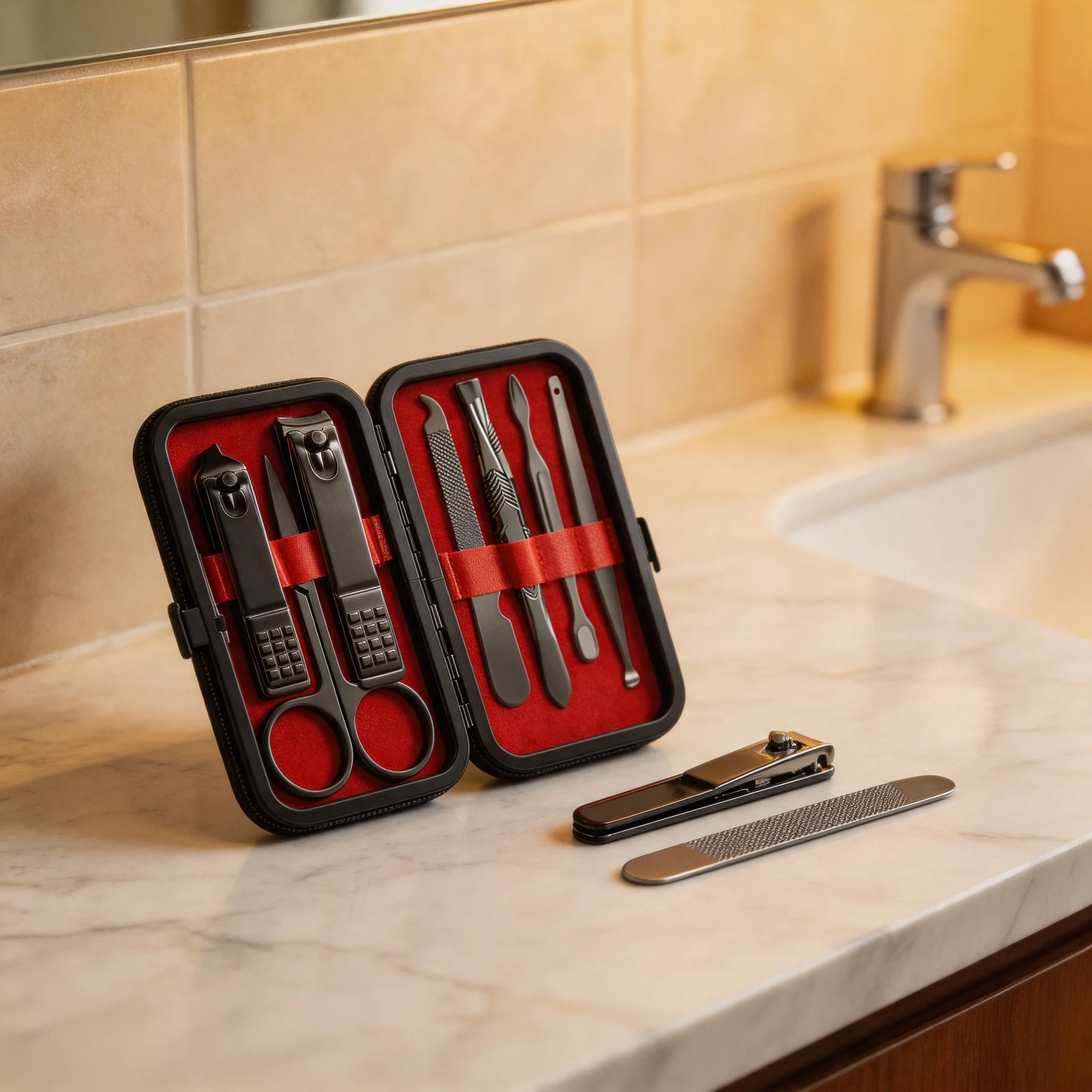 7Pcs Black Coated Stainless Steel Manicure Pedicure Kit, Professional Nail Clipper, Cuticle Trimmer, Ear Pick Eyebrow Scissor Travel Grooming Set with Portable PU Storage Case
7Pcs Black Coated Stainless Steel Manicure Pedicure Kit, Professional Nail Clipper, Cuticle Trimmer, Ear Pick Eyebrow Scissor Travel Grooming Set with Portable PU Storage Case