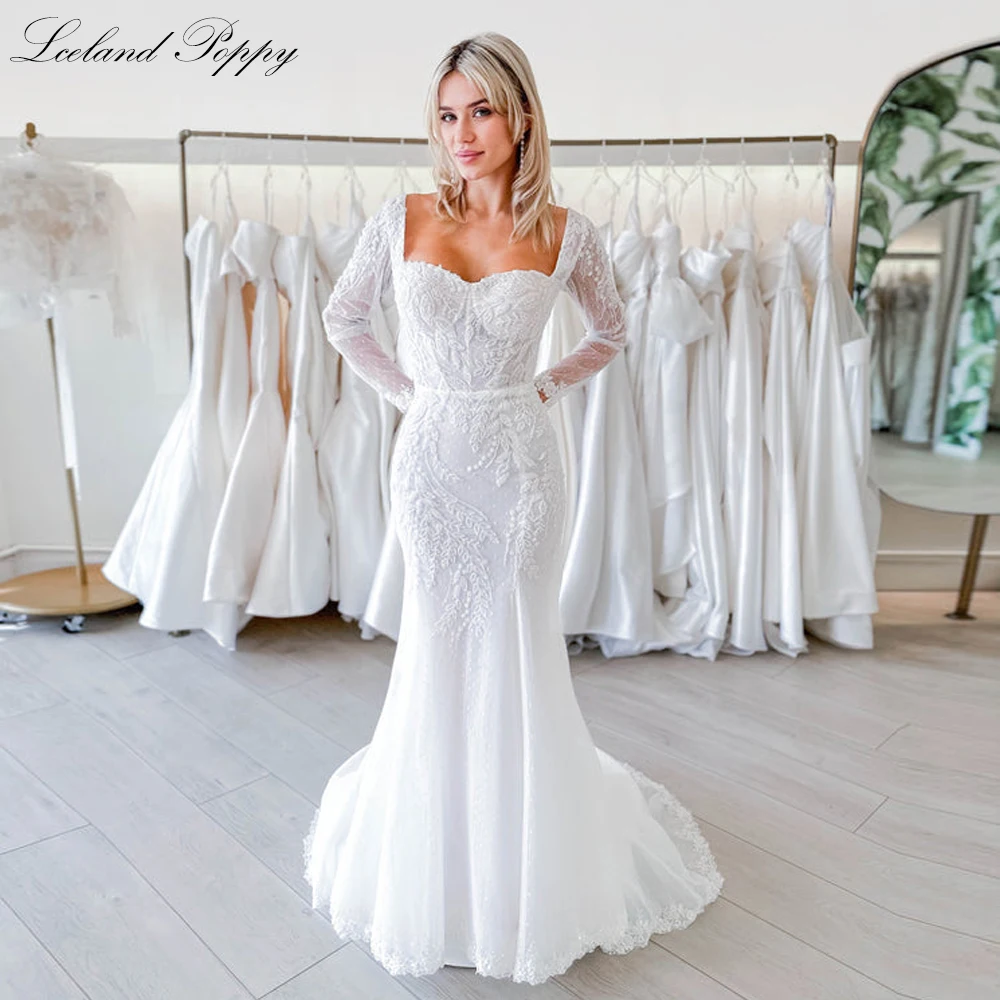 Lceland Poppy Square Neck Lace Mermaid Wedding Dresses Full Sleeves Floor Length Backless Bridal Gown with Court Train
Lceland Poppy Square Neck Lace Mermaid Wedding Dresses Full Sleeves Floor Length Backless Bridal Gown with Court Train