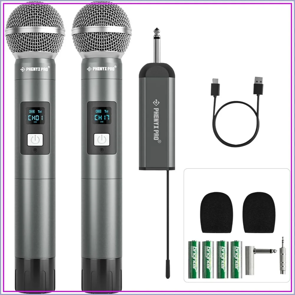 Dual Digital Wireless Microphone System with 2 Handheld Mics, 15 UHF Groups, Mini Receiver, Metal Cordless Mic for Karaoke, Church, DJ, Singing
Dual Digital Wireless Microphone System with 2 Handheld Mics, 15 UHF Groups, Mini Receiver, Metal Cordless Mic for Karaoke, Church, DJ, Singing