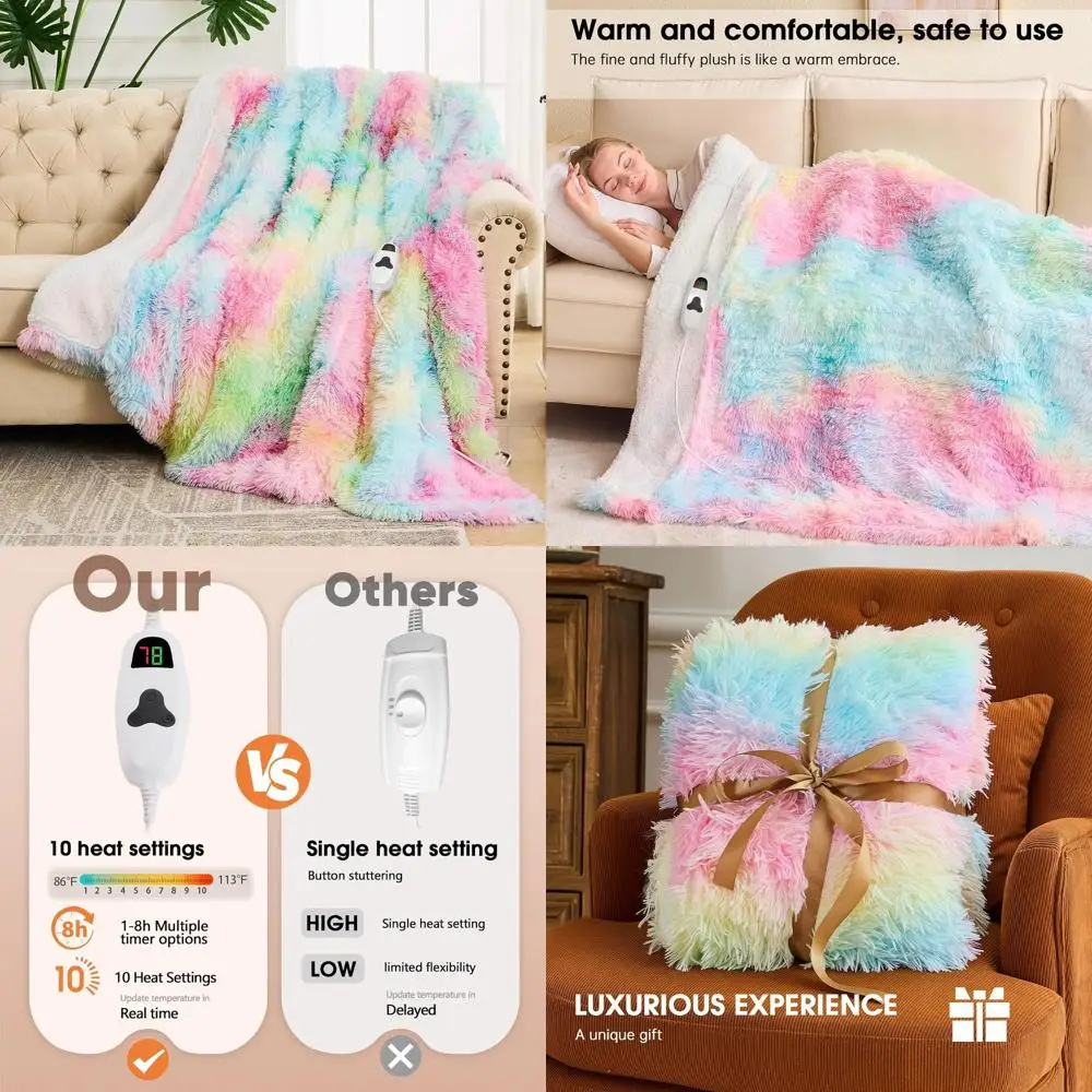 Twin Size Electric Heated Blanket with Faux Fur and Sherpa, 10 Heat & 5 Time Options, 62x84 Inches, Rainbow
Twin Size Electric Heated Blanket with Faux Fur and Sherpa, 10 Heat & 5 Time Options, 62x84 Inches, Rainbow