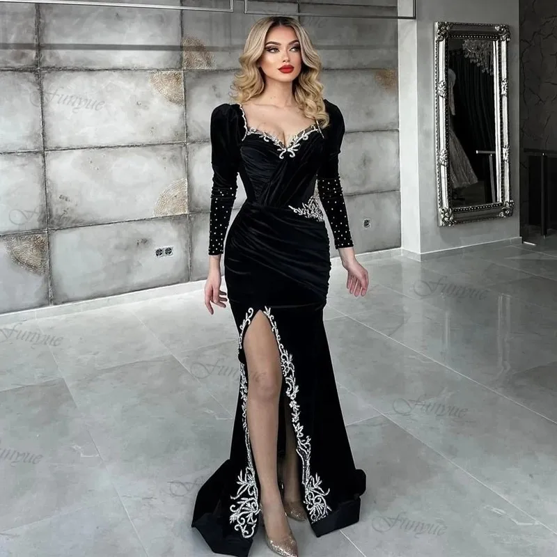 Designer Black Mermaid Muslim Formal Dress Moroccan Caftan Applique Long Sleeves Evening Gowns Split Women Party Robes De Soirée
Designer Black Mermaid Muslim Formal Dress Moroccan Caftan Applique Long Sleeves Evening Gowns Split Women Party Robes De Soirée