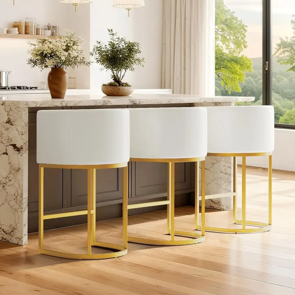 Leather Upholstered Counter Height Bar Stools Set of 3 with Backs, 26 Beige and White, Gold Metal Legs
Leather Upholstered Counter Height Bar Stools Set of 3 with Backs, 26 Beige and White, Gold Metal Legs