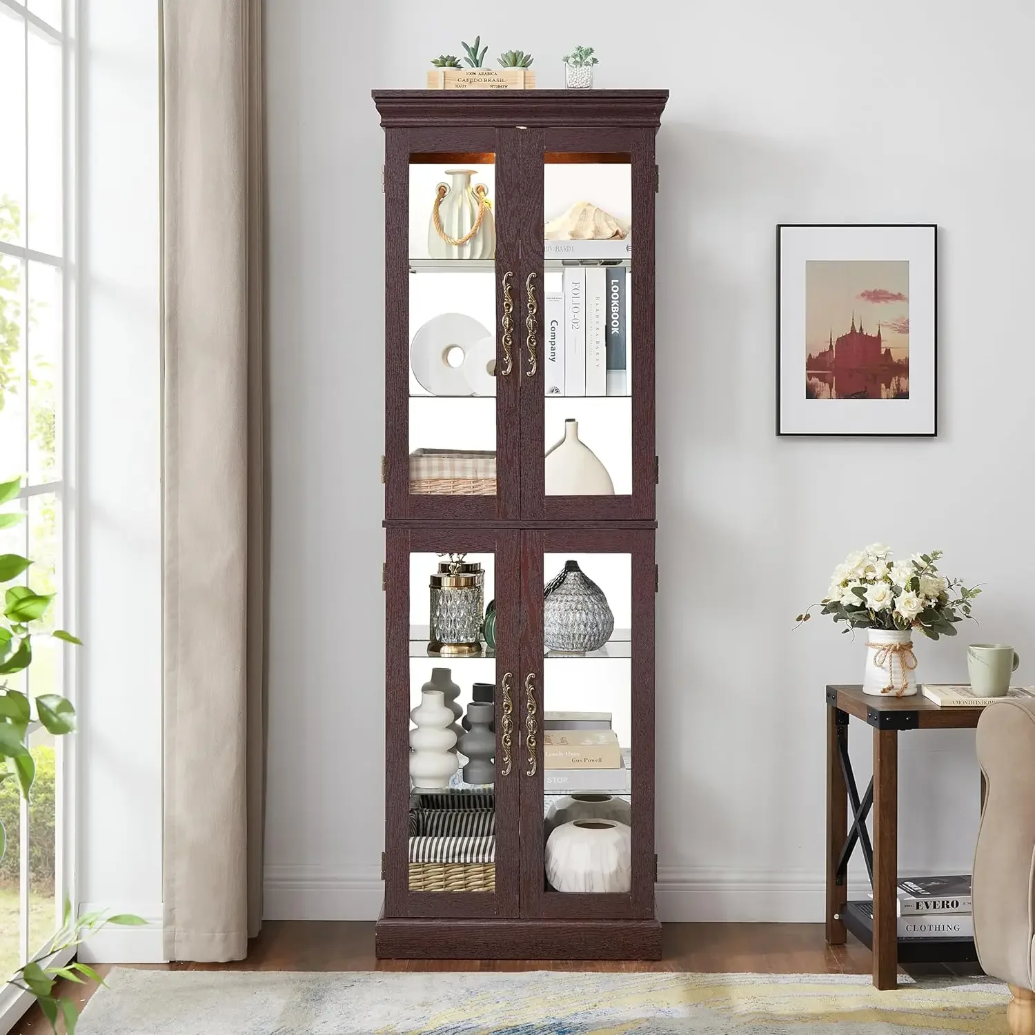 Lighted Curio Cabinet Display Case Wooden Cabinet With Adjustable Shelves Tempered Glass Door Mirrored Back Pane Dark Cherry
Lighted Curio Cabinet Display Case Wooden Cabinet With Adjustable Shelves Tempered Glass Door Mirrored Back Pane Dark Cherry