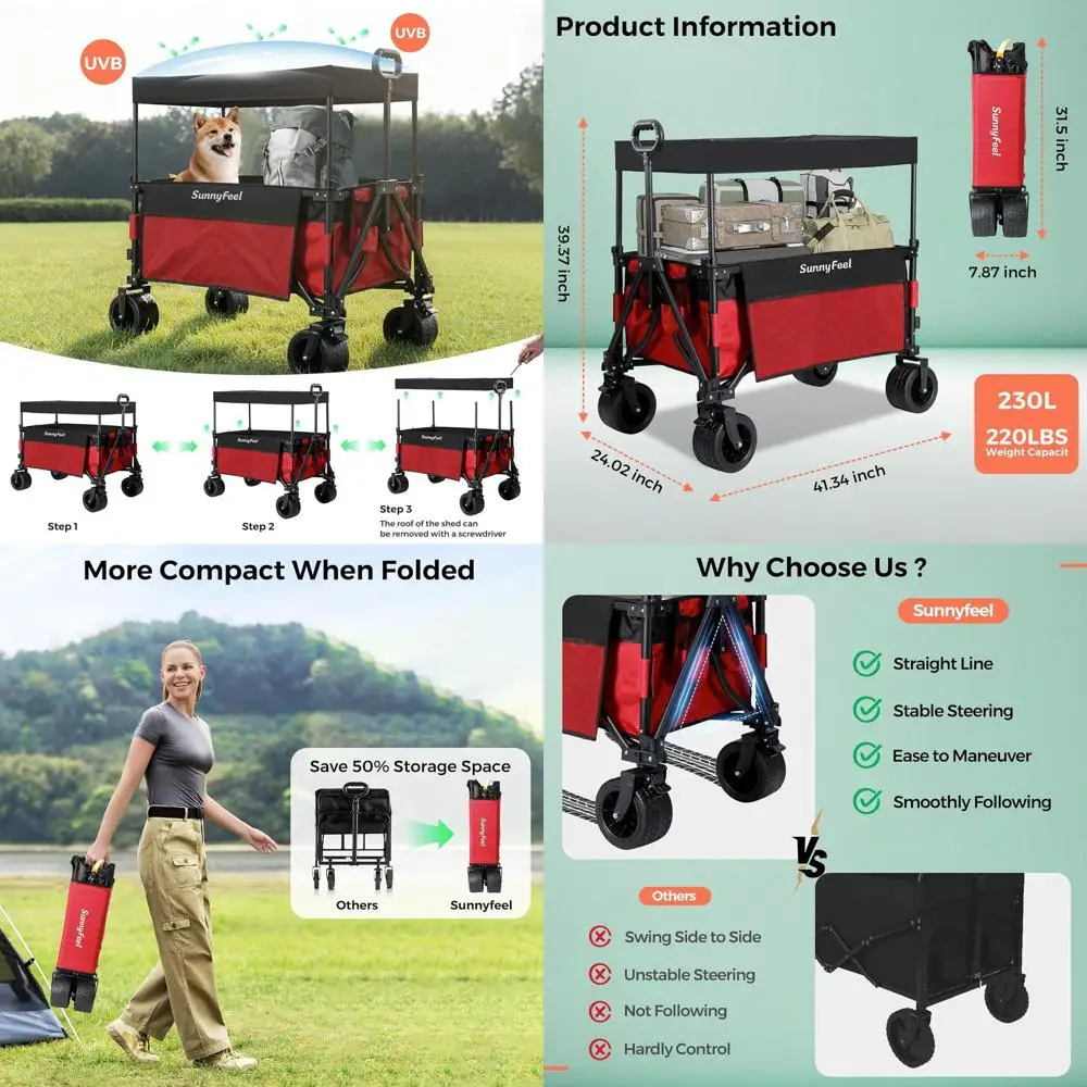 3 in 1 Wagon with Canopy 220lbs,230L Wagon Cart Foldable with 7'' All-Terrain PVC Wheel & Rear Hanging Shelf,Red
3 in 1 Wagon with Canopy 220lbs,230L Wagon Cart Foldable with 7'' All-Terrain PVC Wheel & Rear Hanging Shelf,Red