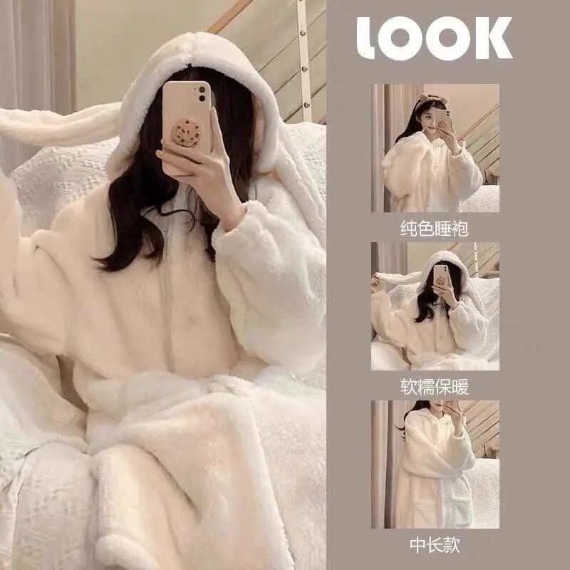Women's Sleepwear Nightgown Pajama Set Hooded Coral Fleece Robe Bathrobe Home Clothes Winter Outerwear Rabbit Ear Design Studen
Women's Sleepwear Nightgown Pajama Set Hooded Coral Fleece Robe Bathrobe Home Clothes Winter Outerwear Rabbit Ear Design Studen