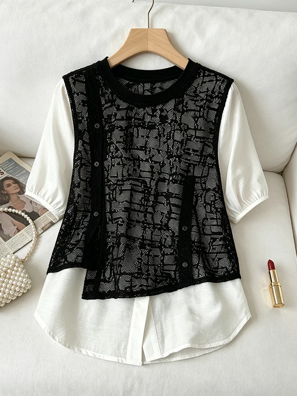 plus Size Casual Lace Patchwork Shirt Women's Summer Loose Slimming Top Breathable Korean Style round Neck Short Sleeve
plus Size Casual Lace Patchwork Shirt Women's Summer Loose Slimming Top Breathable Korean Style round Neck Short Sleeve