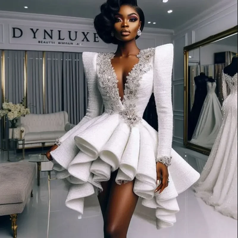2026 White Satin Prom Dress Crystals Above Knee Beaded Ruched V Neck Short Party Gown Full Sleeve Chic Aso Ebi Dress Customized
2026 White Satin Prom Dress Crystals Above Knee Beaded Ruched V Neck Short Party Gown Full Sleeve Chic Aso Ebi Dress Customized