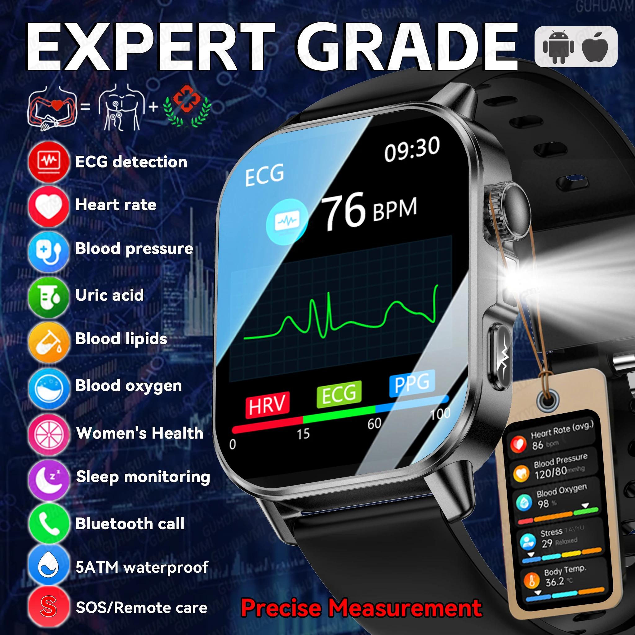 New Men Precise Measurement Health SmartWatch BP Blood Oxygen ECG+PPG Temp Physical Examination Flashlight Clock For Android iOS
New Men Precise Measurement Health SmartWatch BP Blood Oxygen ECG+PPG Temp Physical Examination Flashlight Clock For Android iOS