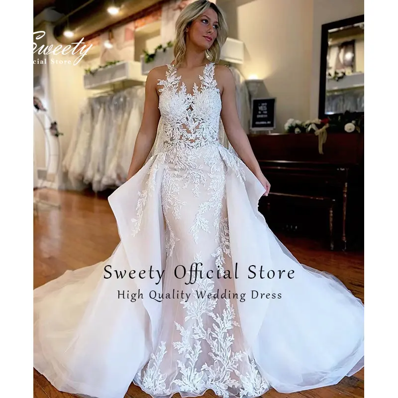 Luxury Detachable 2 In 1 Wedding Dress Embroidered Lace On Net With Train O-neck Sleeveless Vintage Bride Gowns Vestido De Novia
Luxury Detachable 2 In 1 Wedding Dress Embroidered Lace On Net With Train O-neck Sleeveless Vintage Bride Gowns Vestido De Novia