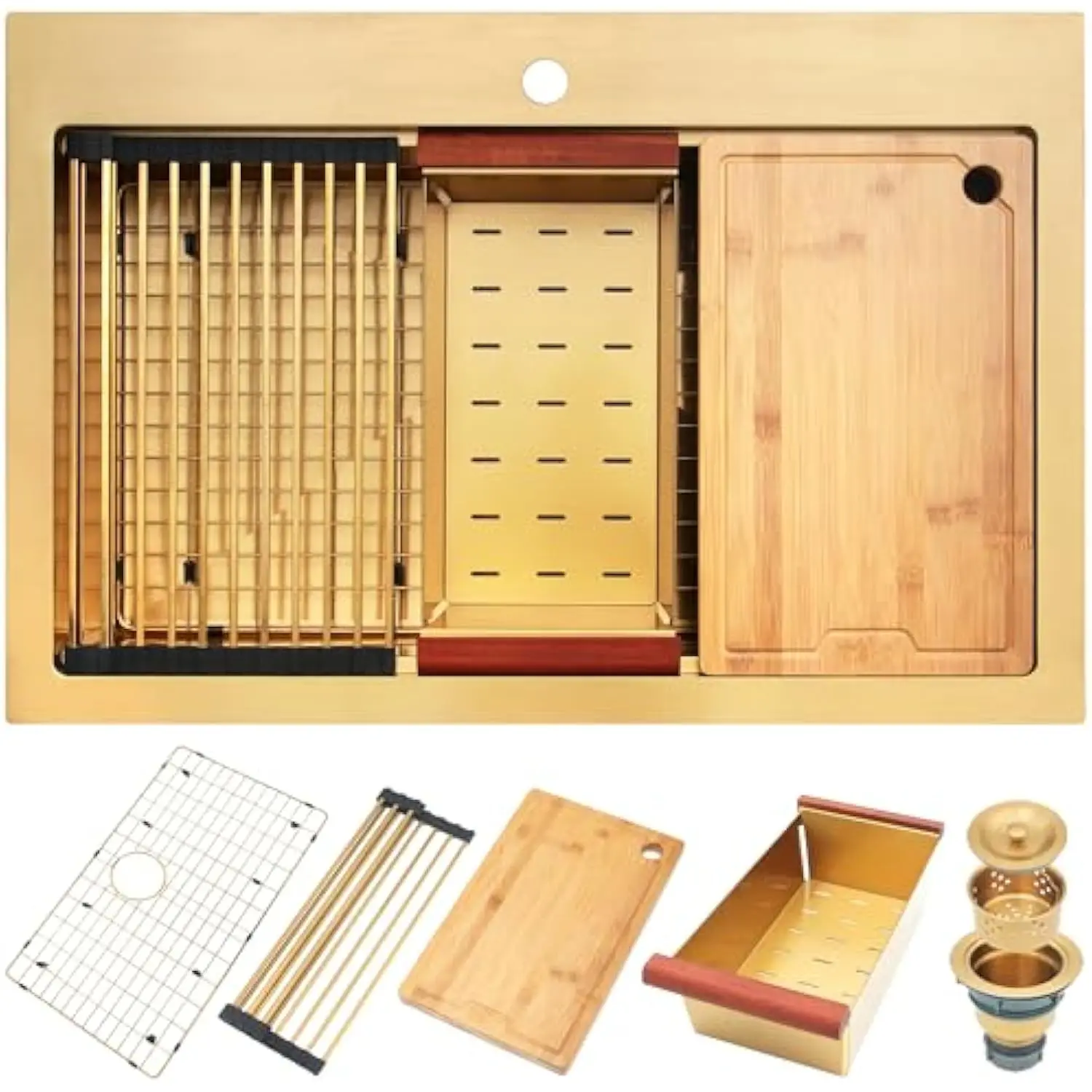 Gold Kitchen Sink, 33” X 22” Drop in Kitchen Sink, Single Bowl Workstation Sink with Maching Accessories, Stainless Steel Mate
Gold Kitchen Sink, 33” X 22” Drop in Kitchen Sink, Single Bowl Workstation Sink with Maching Accessories, Stainless Steel Mate