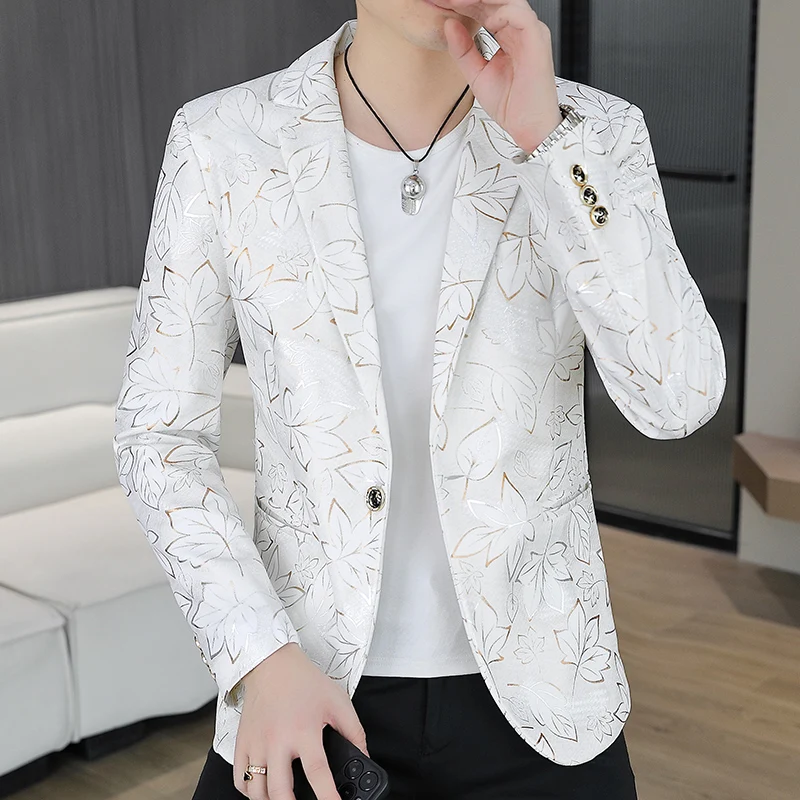 Summer New Men Hot Gold Stamping Printed Suit Slim Fit One Button Jacket Mens Business Casual Nightclub DJ Flower Casual Blazers
Summer New Men Hot Gold Stamping Printed Suit Slim Fit One Button Jacket Mens Business Casual Nightclub DJ Flower Casual Blazers
