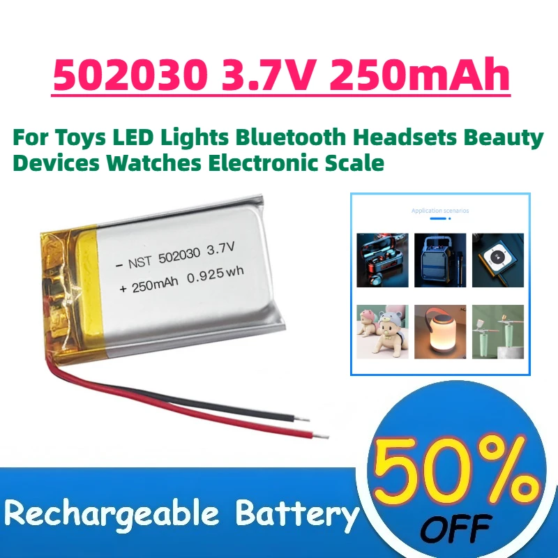 New 502030 3.7V 250mAh Li-Po Rechargeable Battery for Toys LED Lights Bluetooth Headsets Beauty Devices Watches Electronic Scale
New 502030 3.7V 250mAh Li-Po Rechargeable Battery for Toys LED Lights Bluetooth Headsets Beauty Devices Watches Electronic Scale