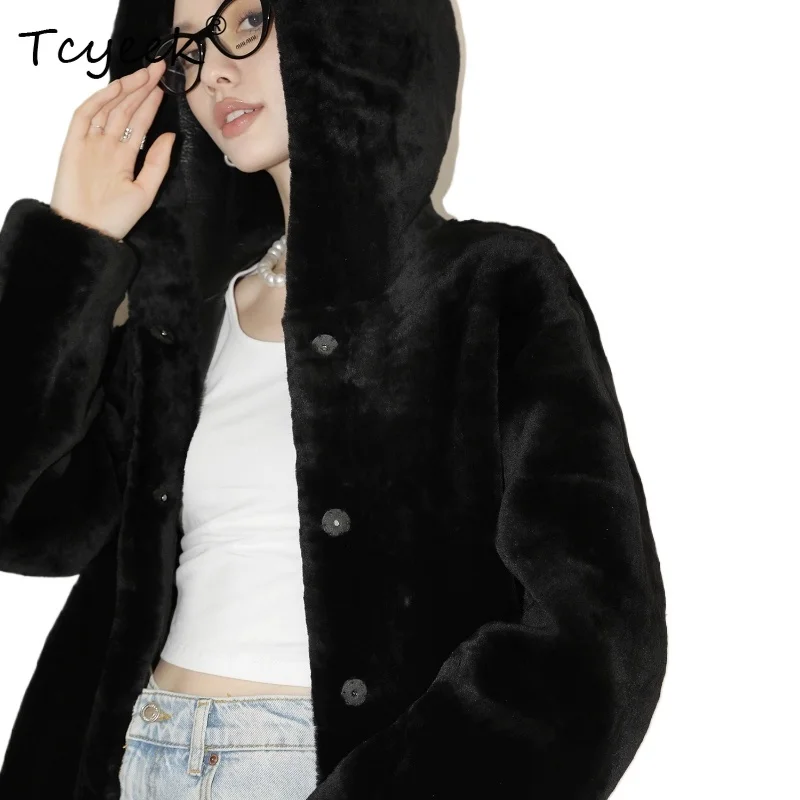 Tcyeek 100% натуральная шерсть, осень-зима, элитное модное женское пальто из овчины с капюшоном средней длины, меховое пальто из овечьей шерсти Fourrures Femme