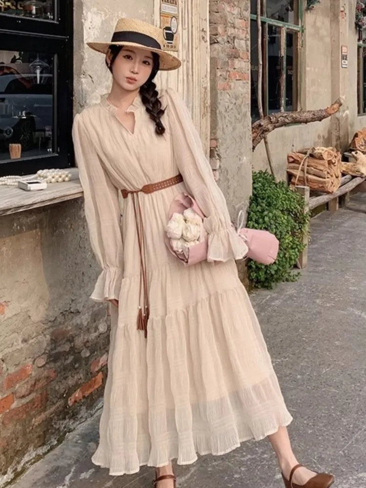 Elegant French Solid Ruffle Chiffon Midi Dress Women Autumn Hollow Out Flare Sleeve With Belt Vestidos Casual Holiday Party Robe
Elegant French Solid Ruffle Chiffon Midi Dress Women Autumn Hollow Out Flare Sleeve With Belt Vestidos Casual Holiday Party Robe