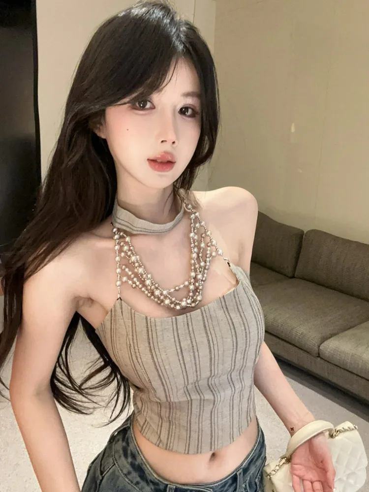 Fashionable Trendy Stripe Chain Strap Halter Vest Women's Short Sexy Spicy Backless Top City Walk Summer Polyester Fiber
Fashionable Trendy Stripe Chain Strap Halter Vest Women's Short Sexy Spicy Backless Top City Walk Summer Polyester Fiber