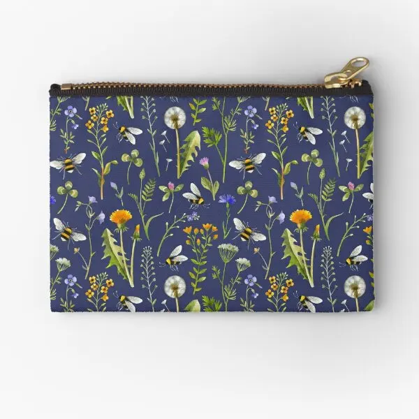 Темно-синие мешочки на молнии с пчелами и дикими цветами, упаковка для трусиков, кошелек для денег и ключей, косметическое небольшое хранилище, чистые носки, нижнее белье