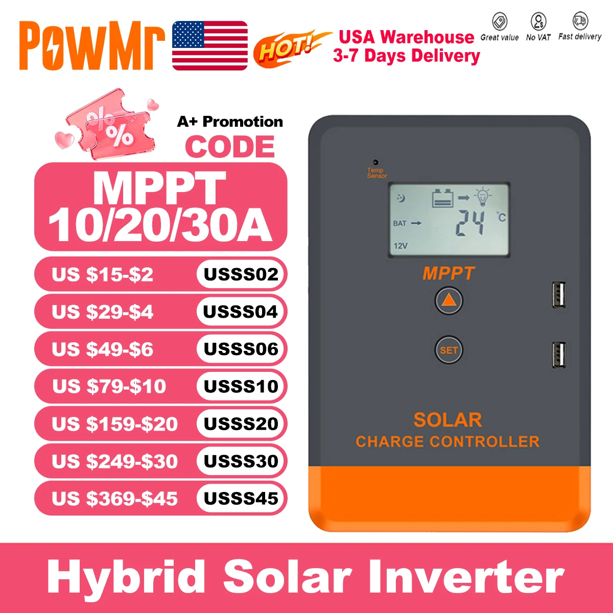 PowMr США 20A 30A 40A MPPT Контроллер солнечной зарядки ЖК-дисплей для 12 В 24 В Power Bank AGM Зарядное устройство для гелевых затопленных литиевых батарей
PowMr США 20A 30A 40A MPPT Контроллер солнечной зарядки ЖК-дисплей для 12 В 24 В Power Bank AGM Зарядное устройство для гелевых затопленных литиевых батарей