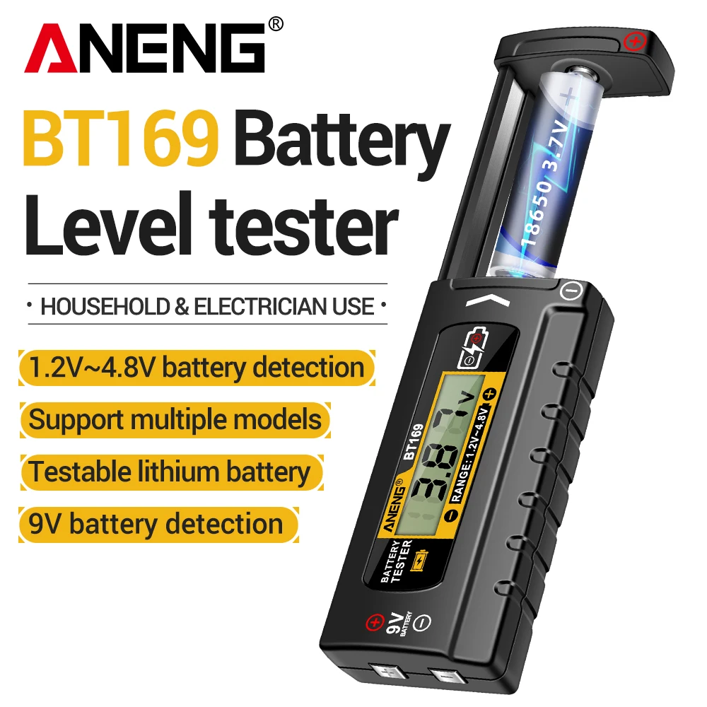 Universal Battery Tester 1.2V-4.8V AA/AAA/9V/18650/21700/Button Cell ANENG BT169 Portable home Digital Battery Level Checker too
Universal Battery Tester 1.2V-4.8V AA/AAA/9V/18650/21700/Button Cell ANENG BT169 Portable home Digital Battery Level Checker too