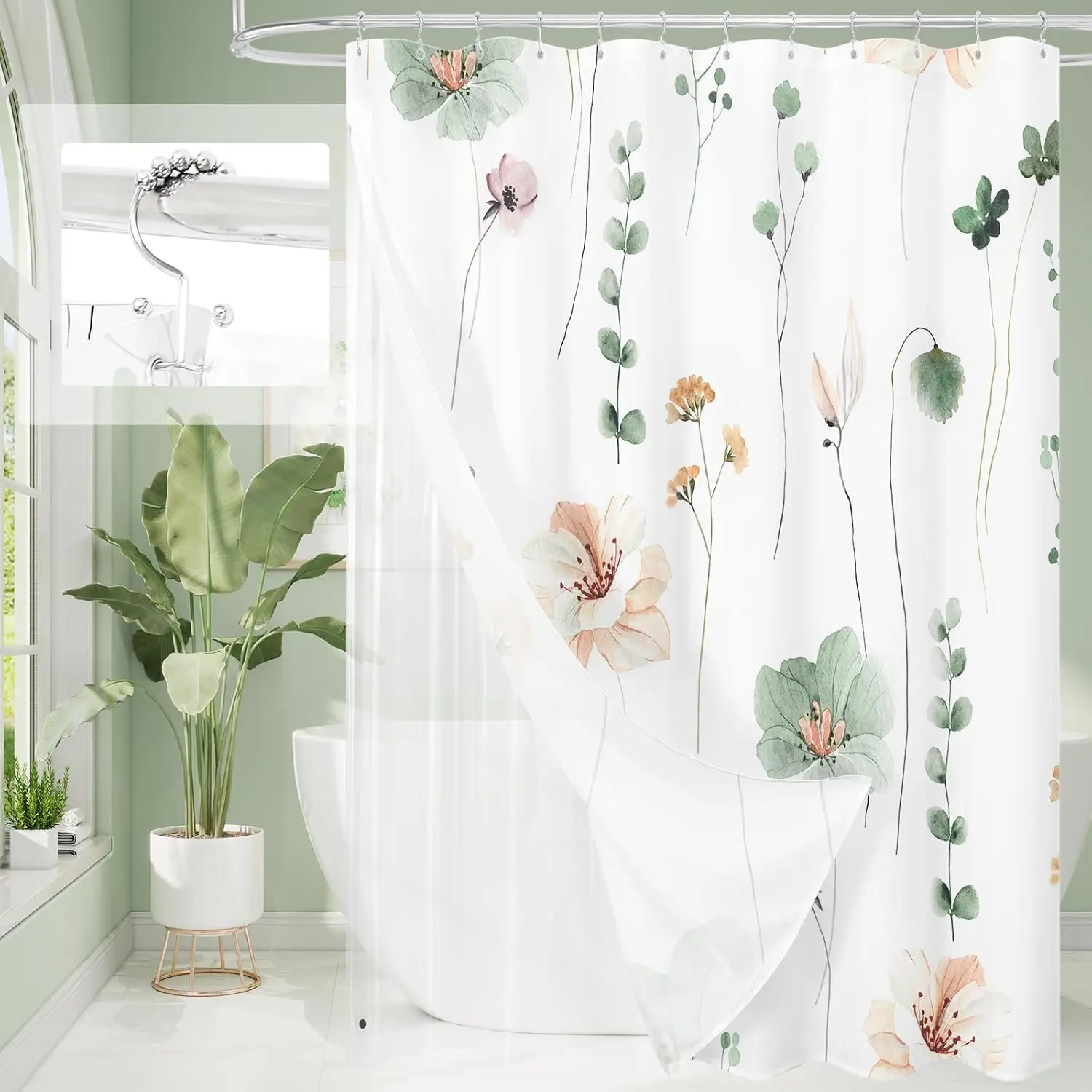 Sage Green Watercolor Floral Shower Curtain Set with PEVA Liner and 12 Hooks, Waterproof Fabric Bathroom Decor
Sage Green Watercolor Floral Shower Curtain Set with PEVA Liner and 12 Hooks, Waterproof Fabric Bathroom Decor