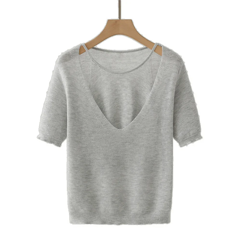 Summer Casual Sweater Women's O-neck Two Pieces Pullover Women's Short Sleeve Tops Solid Color Knitwear Fashion Sweaters
Summer Casual Sweater Women's O-neck Two Pieces Pullover Women's Short Sleeve Tops Solid Color Knitwear Fashion Sweaters