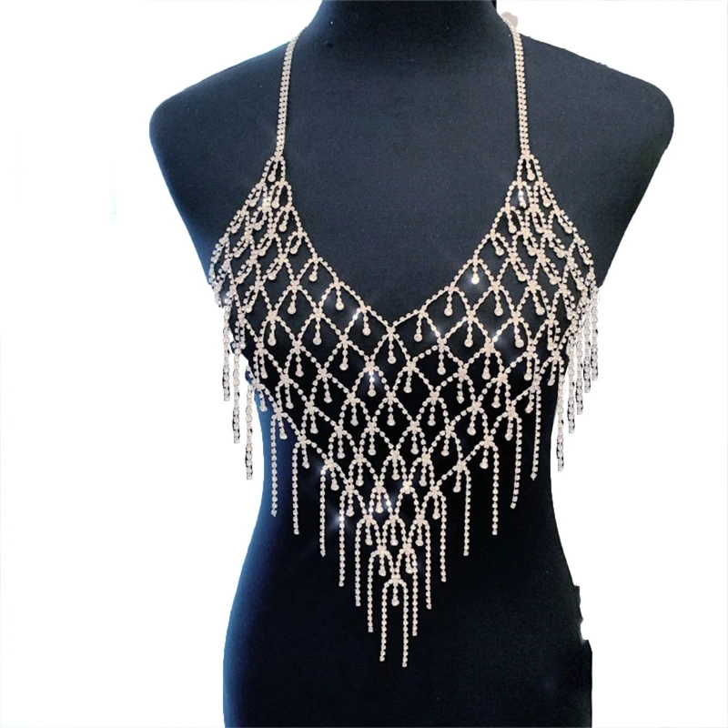 Women Sexy Shiny for rhinestone Tassel Halter Bra Faux Crystal Diamond Chain Chest Harness Body Jewelry Crop Top Party Club
Women Sexy Shiny for rhinestone Tassel Halter Bra Faux Crystal Diamond Chain Chest Harness Body Jewelry Crop Top Party Club