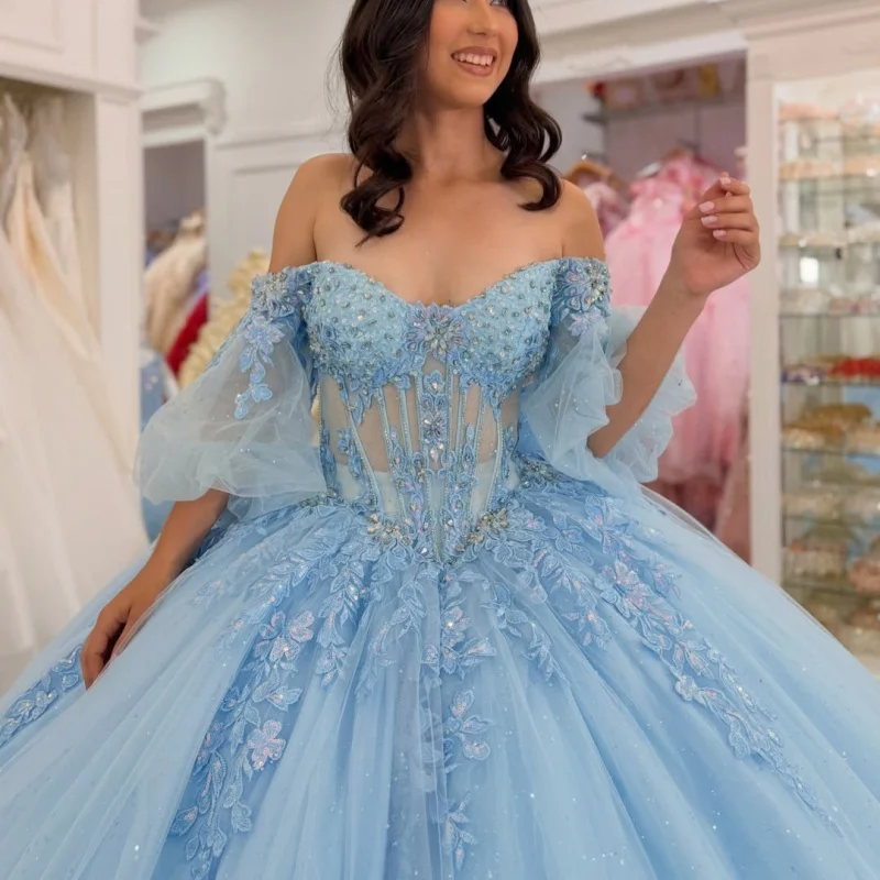 Shiny Light Blue Quinceanera Dress off-shoulder Crystal Sequin Decal Long tail Bow vestidos de 15 Quinceanera Customize
Shiny Light Blue Quinceanera Dress off-shoulder Crystal Sequin Decal Long tail Bow vestidos de 15 Quinceanera Customize