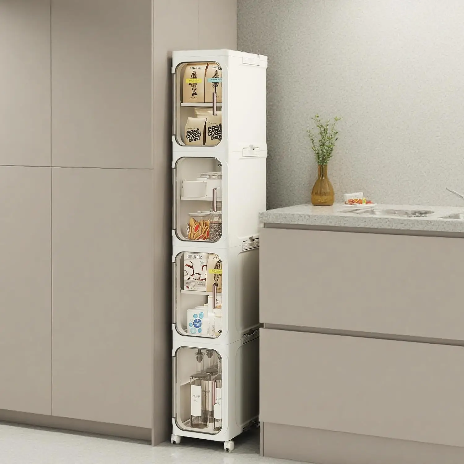 4-Tier Narrow Plastic Storage Cabinet Wheels Adjustable Shelves Small Bathroom Kitchen Laundry, Customized
4-Tier Narrow Plastic Storage Cabinet Wheels Adjustable Shelves Small Bathroom Kitchen Laundry, Customized