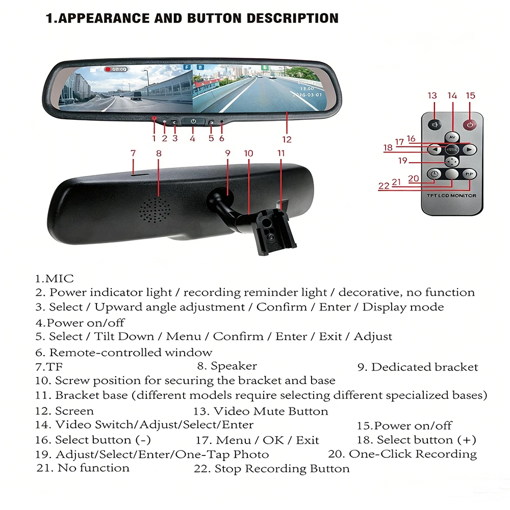 9.66inch driving recorder, 12V-24V, 1080p, supports up to 128GB SD card, 150° wide angle, see details for applicable models
9.66inch driving recorder, 12V-24V, 1080p, supports up to 128GB SD card, 150° wide angle, see details for applicable models