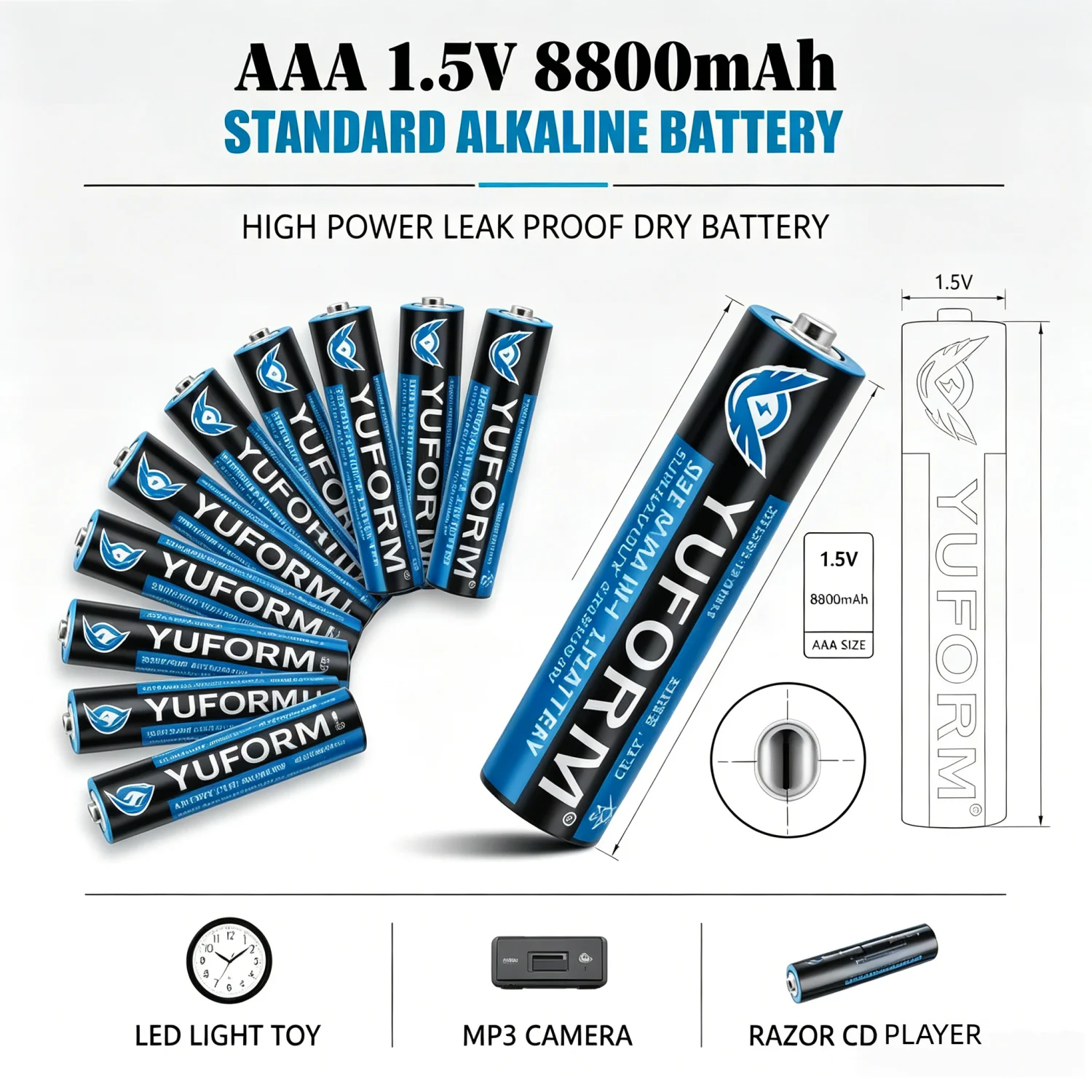 1.5V AAA 8800mAh Disposable Alkaline Dry Battery High Power Leak Proof For Led Light Toy Mp3 Camera Flash Razor Cd Player Gadget
1.5V AAA 8800mAh Disposable Alkaline Dry Battery High Power Leak Proof For Led Light Toy Mp3 Camera Flash Razor Cd Player Gadget