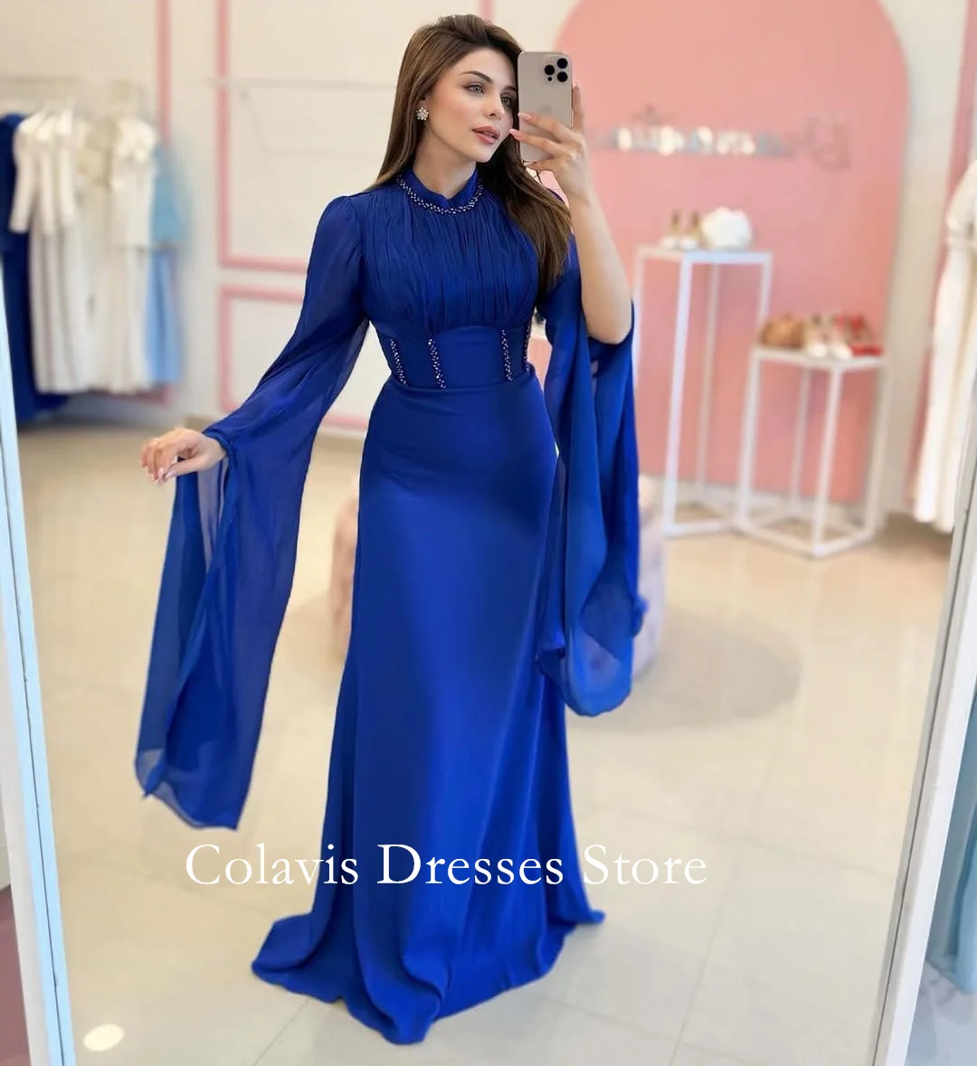 2025 Dark Blue Customized Chiffon Prom Dresses Evening Dress Bell Sleeves Beads Arabic Women Evening Gowns Formal Party Dress
2025 Dark Blue Customized Chiffon Prom Dresses Evening Dress Bell Sleeves Beads Arabic Women Evening Gowns Formal Party Dress