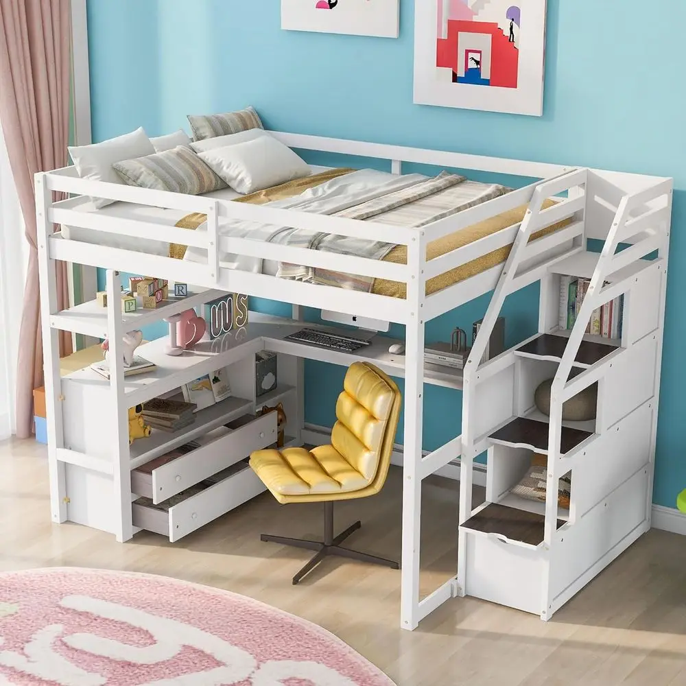 Twin Size Wooden Bunk Bed with Stairs, Desk, and Storage, Suitable for Kids, Teens, and Adults, White
Twin Size Wooden Bunk Bed with Stairs, Desk, and Storage, Suitable for Kids, Teens, and Adults, White