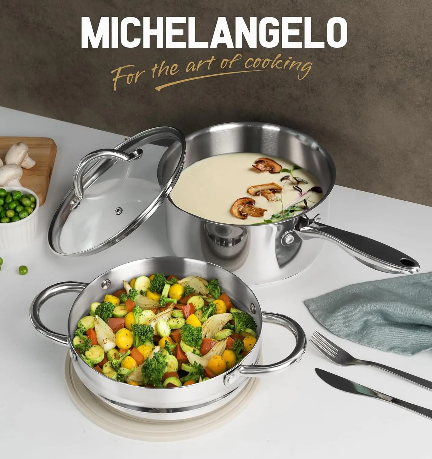 MICHELANGELO 3QT Набор суповых кастрюль из нержавеющей стали для приготовления на пару и приготовления пищи двойного назначения, подходит для всех плит, таких как индукционные плиты 
MICHELANGELO 3QT Набор суповых кастрюль из нержавеющей стали для приготовления на пару и приготовления пищи двойного назначения, подходит для всех плит, таких как индукционные плиты
