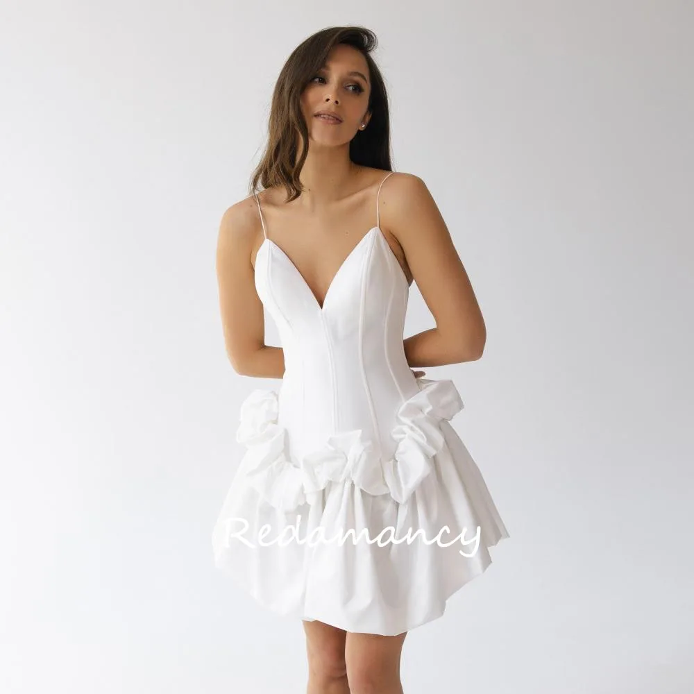 Redamancy Customized V-Neck Spaghetti Strap Mini Satin Wedding Dress Lace Up Back Above Knee vestidos de novia Party Dress
Redamancy Customized V-Neck Spaghetti Strap Mini Satin Wedding Dress Lace Up Back Above Knee vestidos de novia Party Dress
