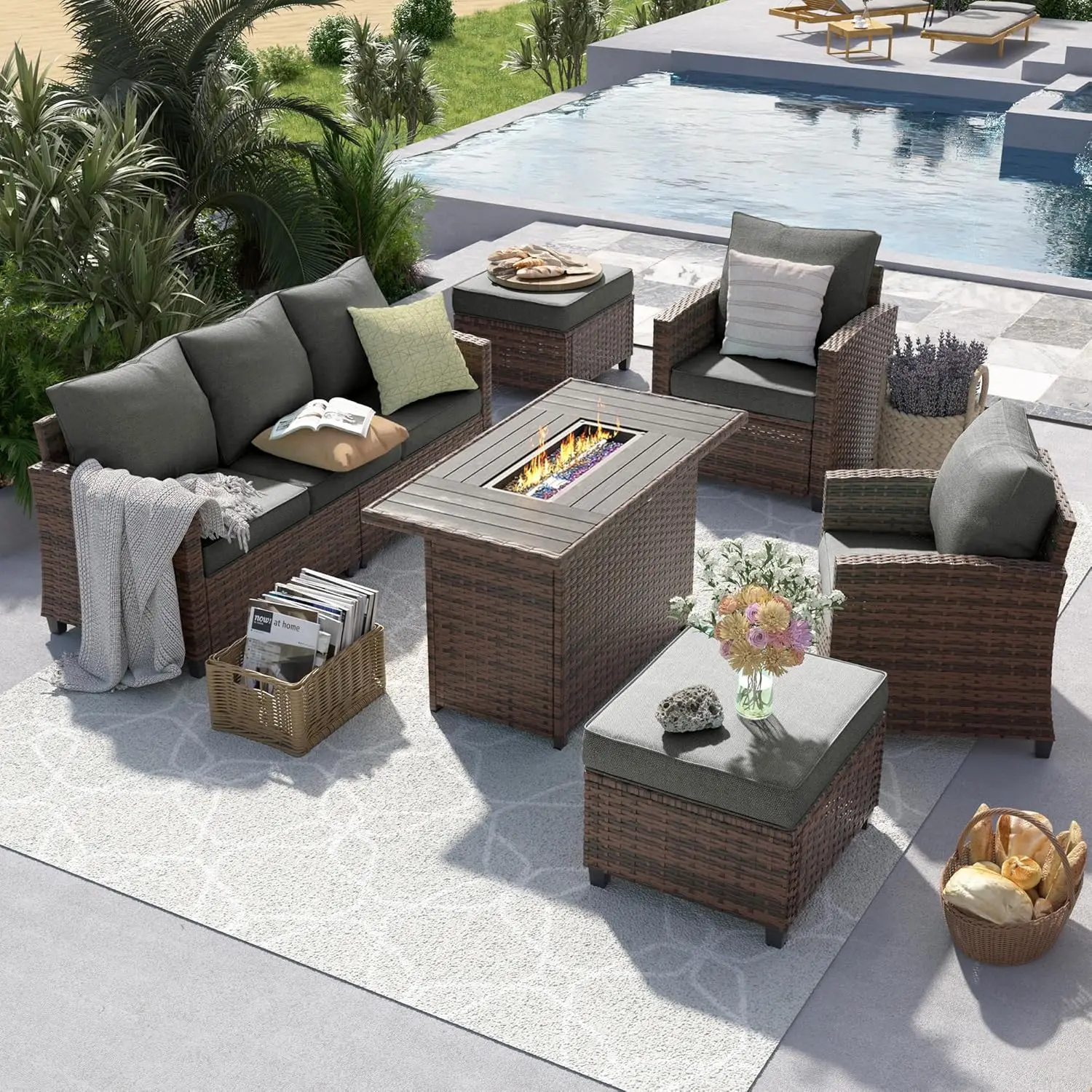 Outdoor Patio Furniture Set with 44" Fire Pit Table, 6 Pieces Sectional Conversation Sets, All-Weather Wicker Rattan, Custom
Outdoor Patio Furniture Set with 44" Fire Pit Table, 6 Pieces Sectional Conversation Sets, All-Weather Wicker Rattan, Custom