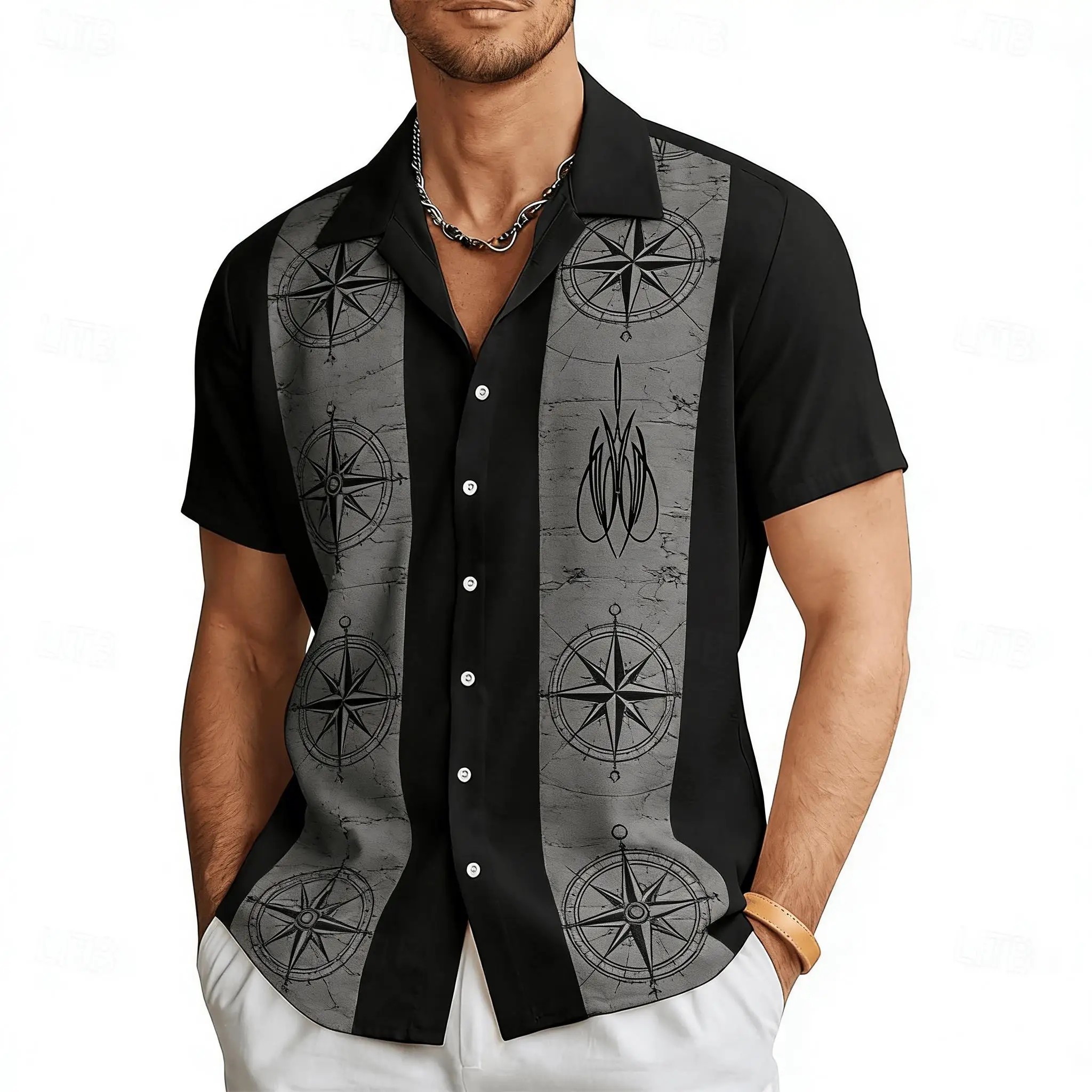 Men's Nautical Compass Print Short Sleeve Shirt, Black Gray Paneled Wind Rose Design Button Down for Spring Summer Casual
Men's Nautical Compass Print Short Sleeve Shirt, Black Gray Paneled Wind Rose Design Button Down for Spring Summer Casual