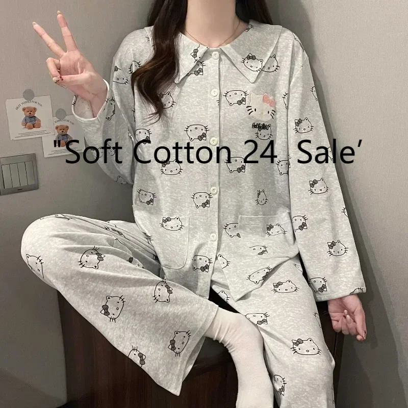 Новые милые женские пижамы Hello Kitty, серый хлопковый свободный комплект из двух предметов, брюки с длинными рукавами, домашняя одежда Hello Kitty с героями мультфильмов
Новые милые женские пижамы Hello Kitty, серый хлопковый свободный комплект из двух предметов, брюки с длинными рукавами, домашняя одежда Hello Kitty с героями мультфильмов