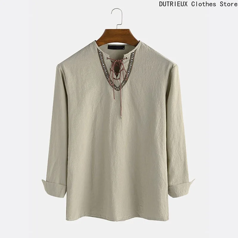 Vikings Shirt cotton Linen Flax Tops Lace Up Long Sleeves BlouseMens y Neck Medieval Costume Embreidery Tunic Casual Shirt
Vikings Shirt cotton Linen Flax Tops Lace Up Long Sleeves BlouseMens y Neck Medieval Costume Embreidery Tunic Casual Shirt