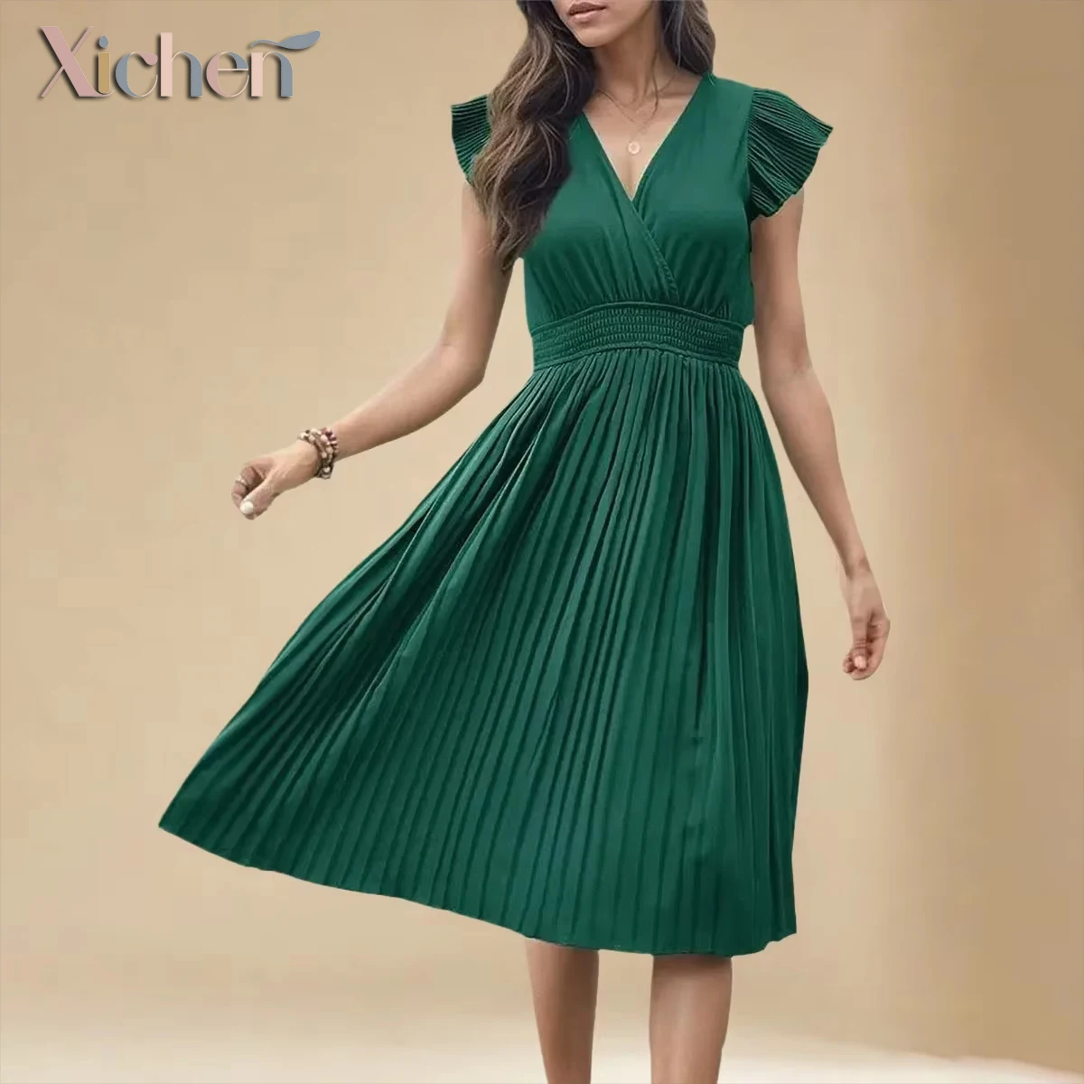 Women's Elegant V-Neck Pleated Dress Adjustable Elastic Waist Back Tie Casual Office Dating Polyester Dress with Flutter Sleeves
Women's Elegant V-Neck Pleated Dress Adjustable Elastic Waist Back Tie Casual Office Dating Polyester Dress with Flutter Sleeves