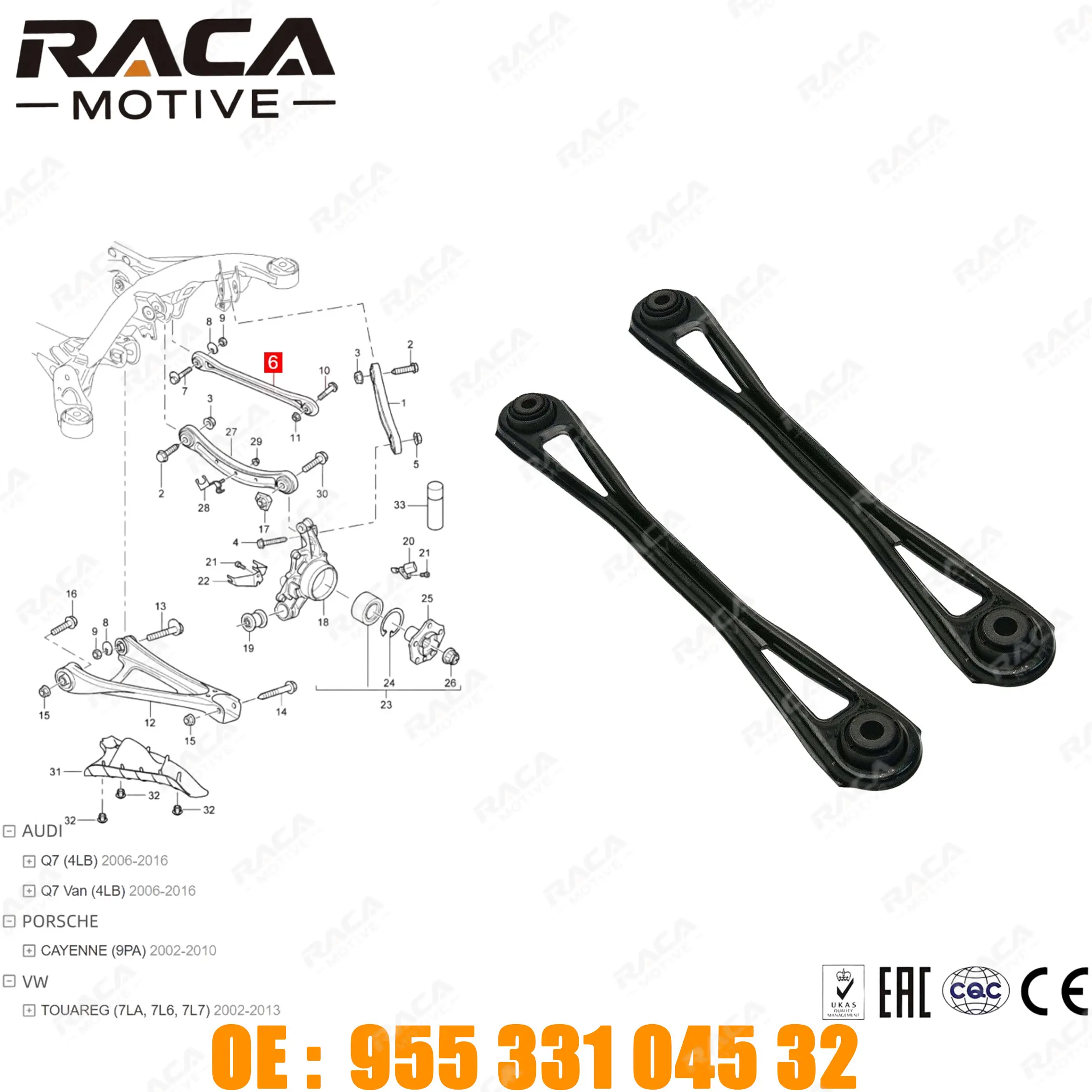 Rear Axle Steering Pull Rod (Traction Control Arm) Suitable for Porsche Cayenne (9Pa) 2002-2010 Audi Q7 (4lb) 2006-2016 Volkswagen Touareg (7La, 7L6, 7L7) 2002-2013 95533104532
Rear Axle Steering Pull Rod (Traction Control Arm) Suitable for Porsche Cayenne (9Pa) 2002-2010 Audi Q7 (4lb) 2006-2016 Volkswagen Touareg (7La, 7L6, 7L7) 2002-2013 95533104532