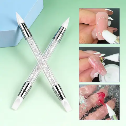 2pcs Double Ended Silicone Nail Art Pen Carving Flower Sculpting Pen Crystal Handle Angled Tips Non Stick Gel Embossing Manicure