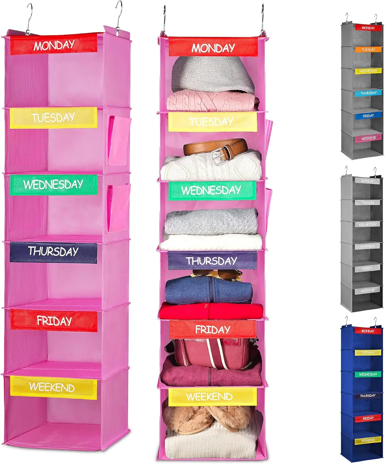 Kids Weekly Clothes Organizer - 6-Shelf Hanging Rack with Day Labels, Pink
Kids Weekly Clothes Organizer - 6-Shelf Hanging Rack with Day Labels, Pink